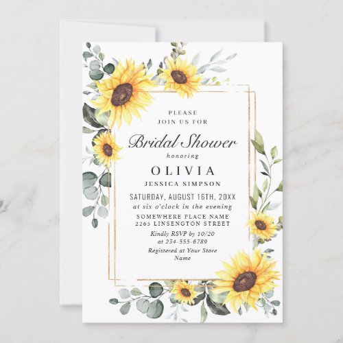 Elegant Sunflowers Eucalyptus Bridal Shower Invitation