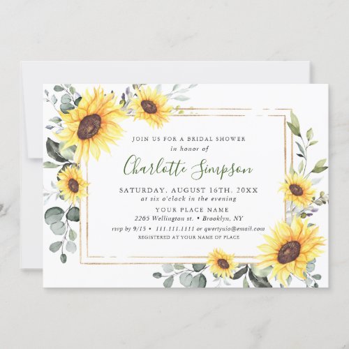 Elegant Sunflowers Eucalyptus Bridal Shower Invitation