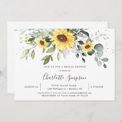 Elegant Sunflowers Eucalyptus Bridal Shower Invitation
