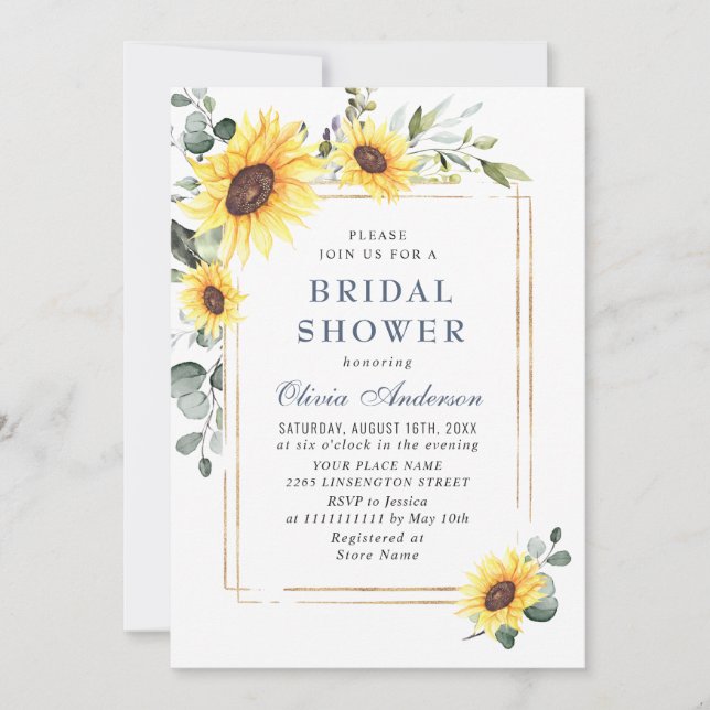 Elegant Sunflowers Eucalyptus Bridal Shower Invitation (Front)