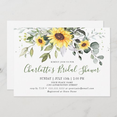 Elegant Sunflowers Eucalyptus Bridal Shower Invitation