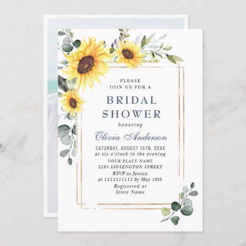 Elegant Sunflowers Eucalyptus Bridal Shower Photo Invitation