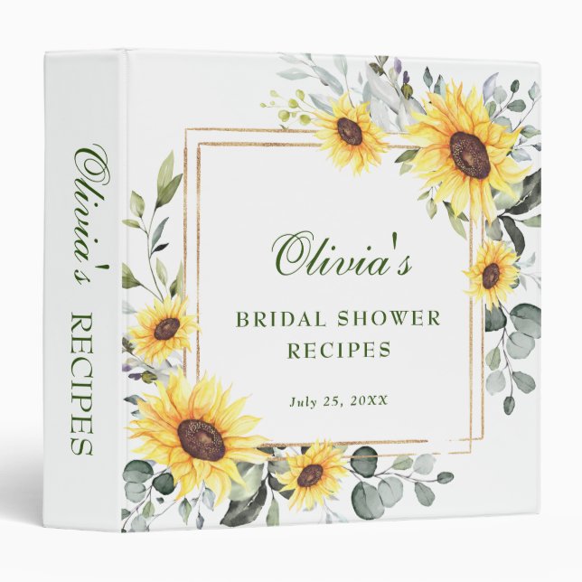 Elegant Sunflowers Eucalyptus Bridal Shower Recipe 3 Ring Binder (Front/Spine)