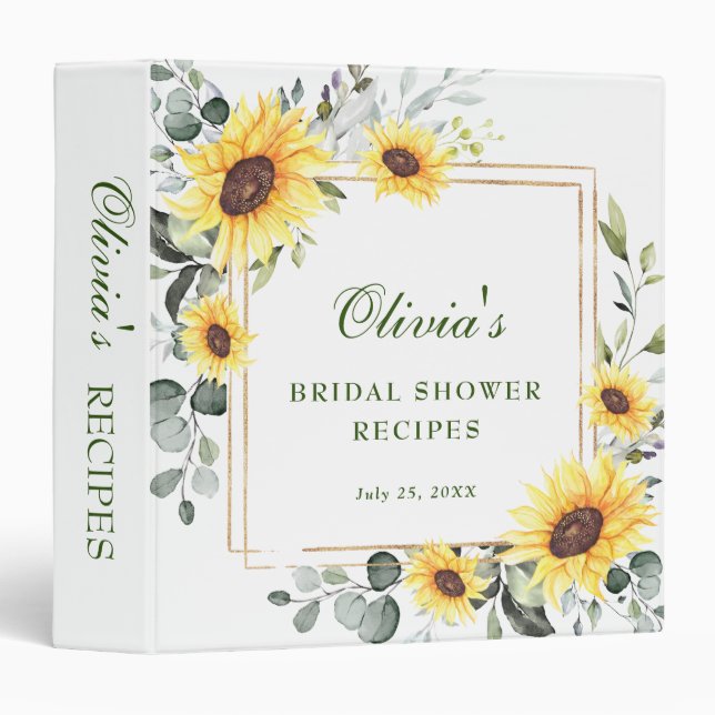 Elegant Sunflowers Eucalyptus Bridal Shower Recipe 3 Ring Binder (Front/Spine)