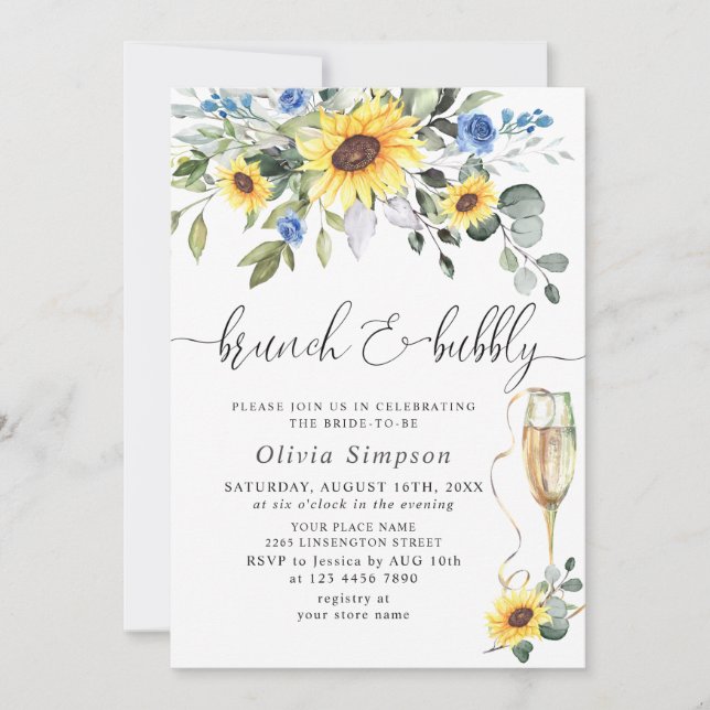 Elegant Sunflowers Eucalyptus Brunch & Bubbly Invitation (Front)