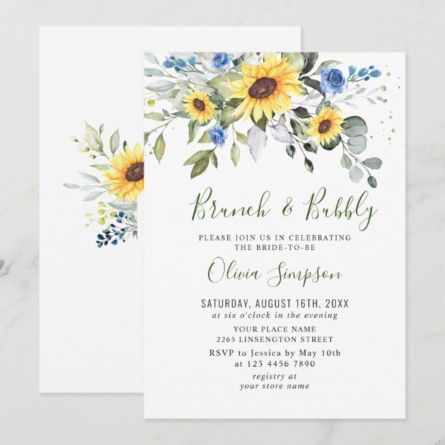 Elegant Sunflowers Eucalyptus Brunch & Bubbly Invitation (Front/Back)