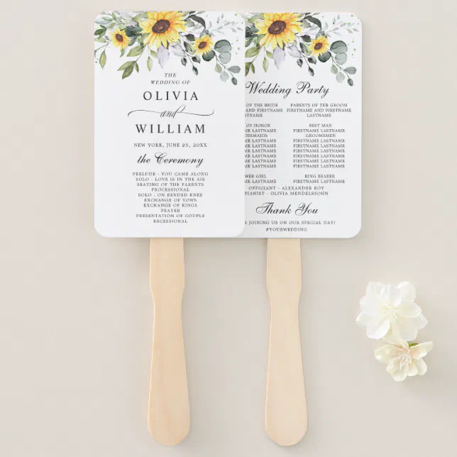 Elegant Sunflowers Eucalyptus Chic Wedding Program Hand Fan | Zazzle