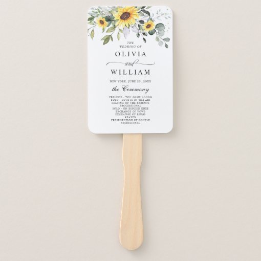 Elegant Sunflowers Eucalyptus Chic Wedding Program Hand Fan | Zazzle