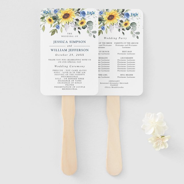 Elegant Sunflowers Eucalyptus Chic Wedding Program Hand Fan (Front and Back)