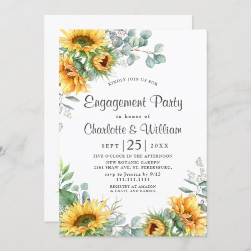 Elegant Sunflowers Eucalyptus Engagement Party Invitation