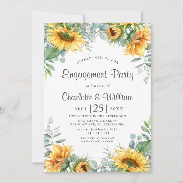 Elegant Sunflowers Eucalyptus Engagement Party Invitation (Front)