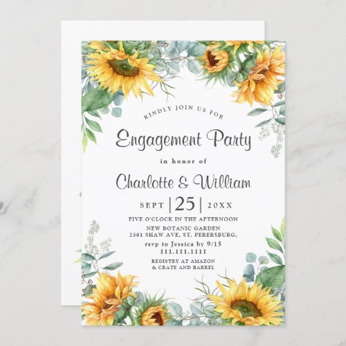 Elegant Sunflowers Eucalyptus Engagement Party Invitation