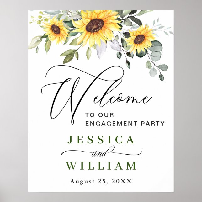 Elegant Sunflowers Eucalyptus Engagement Party Poster (Front)