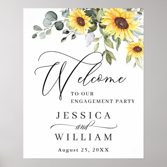 Elegant Sunflowers Eucalyptus Engagement Party Poster (Front)