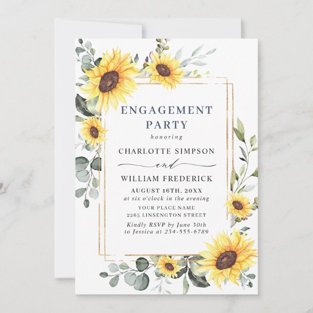 Elegant Sunflowers Eucalyptus ENGAGEMENT PARTY QR Invitation (Front)