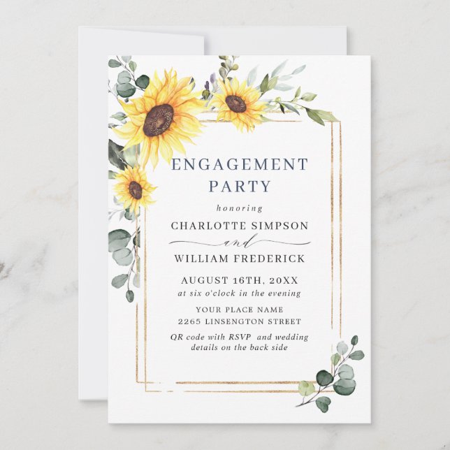 Elegant Sunflowers Eucalyptus ENGAGEMENT PARTY QR Invitation (Front)