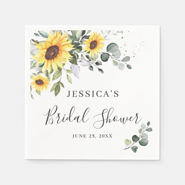 Elegant Sunflowers Eucalyptus Floral Bridal Shower Napkins (Front)