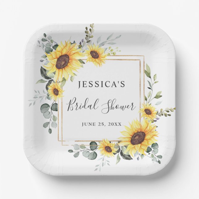 Elegant Sunflowers Eucalyptus Floral Bridal Shower Paper Plates (Front)