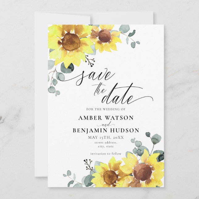 Elegant Sunflowers Eucalyptus Floral Save The Date Invitation (Front)