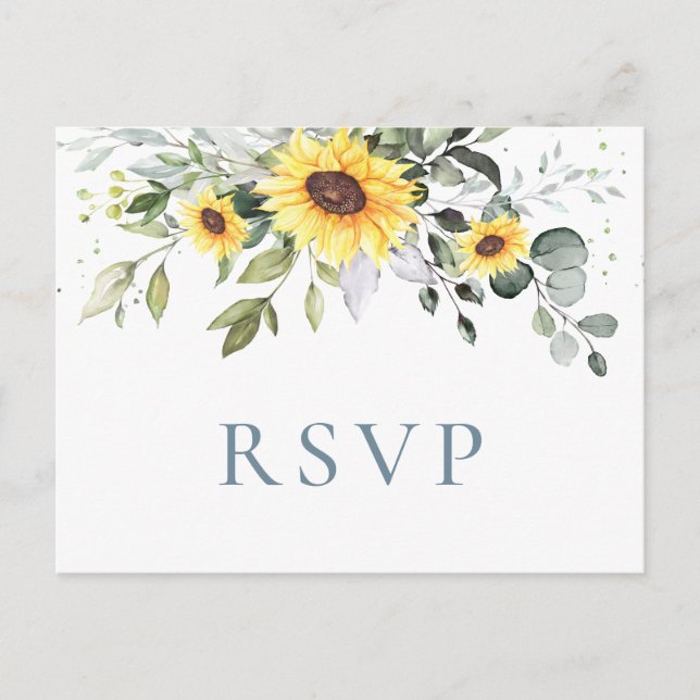 Elegant Sunflowers Eucalyptus Floral Wedding RSVP Postcard (Front)