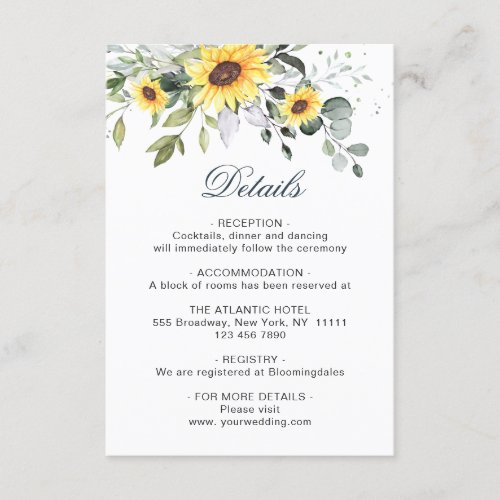 Elegant Sunflowers Eucalyptus Foliage Details Enclosure Card