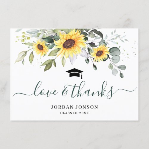Elegant Sunflowers Eucalyptus Foliage Graduation  Thank You Card - Elegant Sunflowers Eucalyptus Foliage Graduation Thank You Card.
For further customization, please click the "Customize" link and use our  tool to design this template. 
If you need help or matching items, please contact me.