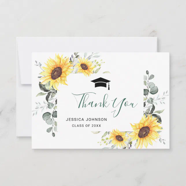 Elegant Sunflowers Eucalyptus Foliage Graduation Thank You Card | Zazzle