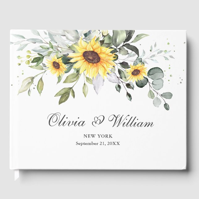 Elegant Sunflowers Eucalyptus Foliage Wedding Guest Book (Front)