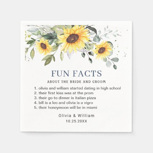 Elegant Sunflowers Eucalyptus Fun Facts Wedding Napkins