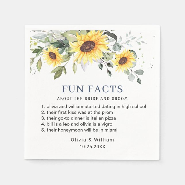 Elegant Sunflowers Eucalyptus Fun Facts Wedding Napkins (Front)