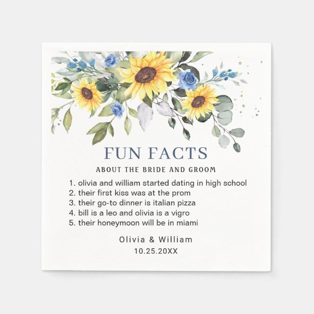 Elegant Sunflowers Eucalyptus Fun Facts Wedding Napkins (Front)
