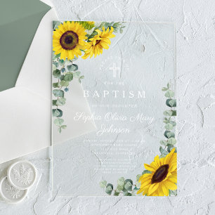 Elegant Sunflowers Eucalyptus Girl Baptism Acrylic Invitations