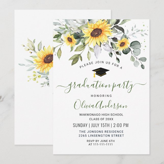 Elegant Sunflowers Eucalyptus Graduation Party Invitation (Front/Back)