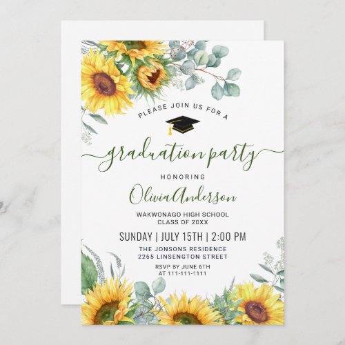 Elegant Sunflowers Eucalyptus Graduation Party Invitation