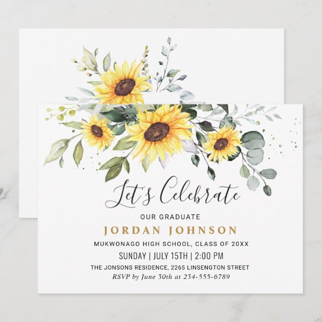 Elegant Sunflowers Eucalyptus Graduation Party Invitation (Front/Back)