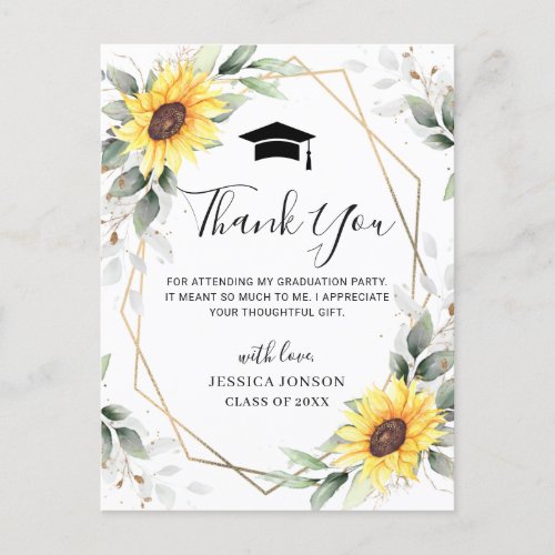 Elegant Sunflowers Eucalyptus Graduation Thank You Postcard