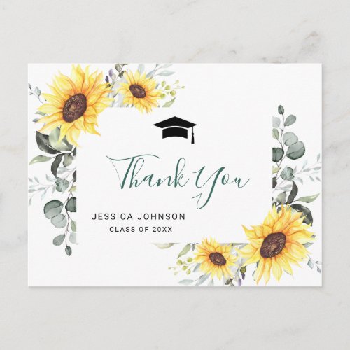 Elegant Sunflowers Eucalyptus Graduation Thank You Postcard