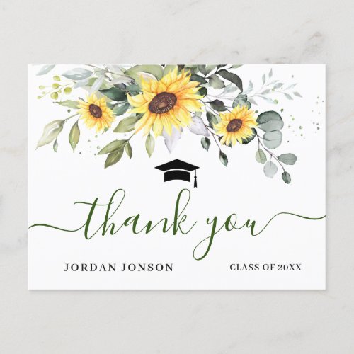 Elegant Sunflowers Eucalyptus Graduation Thank You Postcard