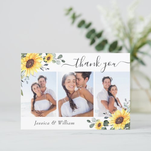 Elegant Sunflowers Eucalyptus Greenery 3 PHOTO Thank You Card