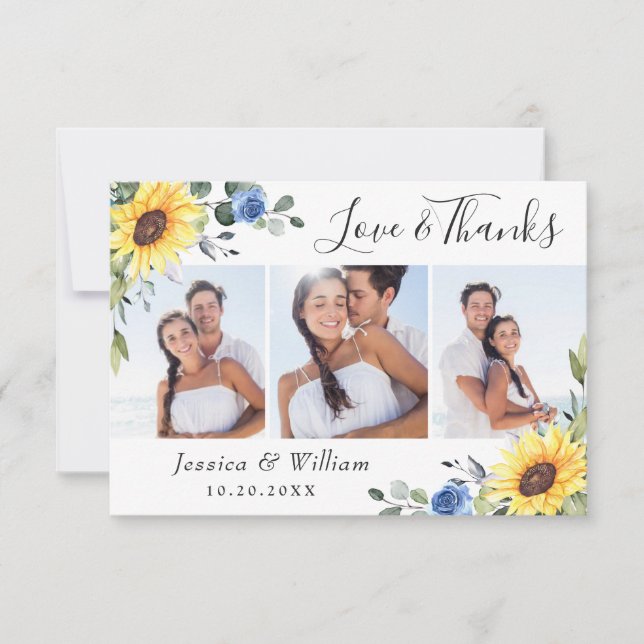 Elegant Sunflowers Eucalyptus Greenery 3 PHOTO Thank You Card (Front)