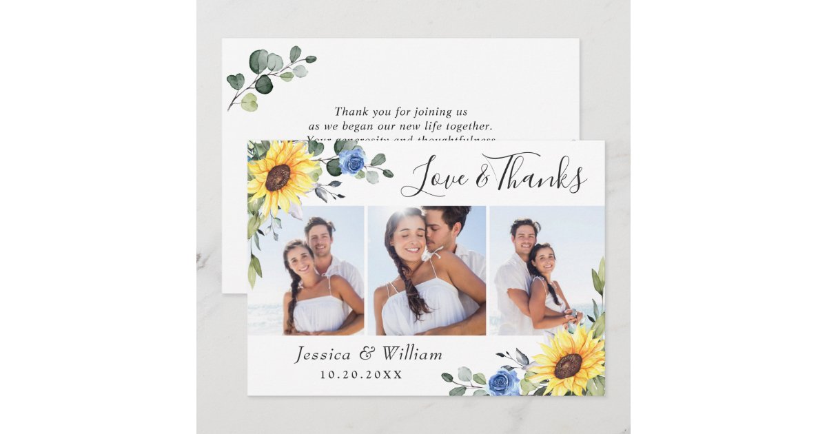 Elegant Sunflowers Eucalyptus Greenery 3 PHOTO Thank You Card | Zazzle