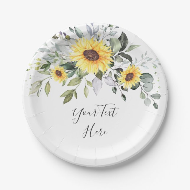 Elegant Sunflowers Eucalyptus Greenery Party Paper Plates (Front)