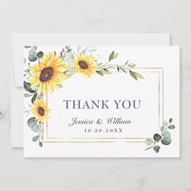 Elegant Sunflowers Eucalyptus Greenery Thank You Card (Front)
