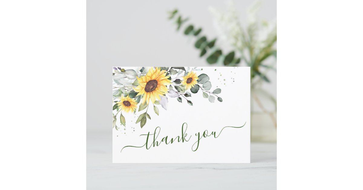 Elegant Sunflowers Eucalyptus Greenery Thank You Card | Zazzle