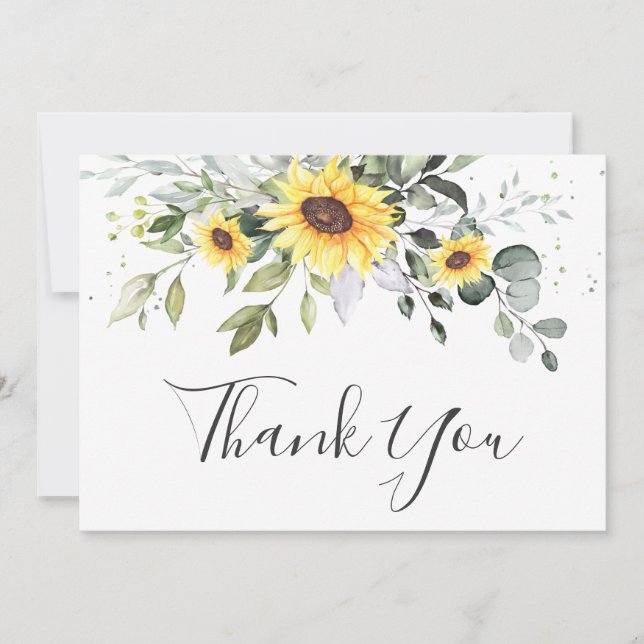 Elegant Sunflowers Eucalyptus Greenery Thank You Card (Front)