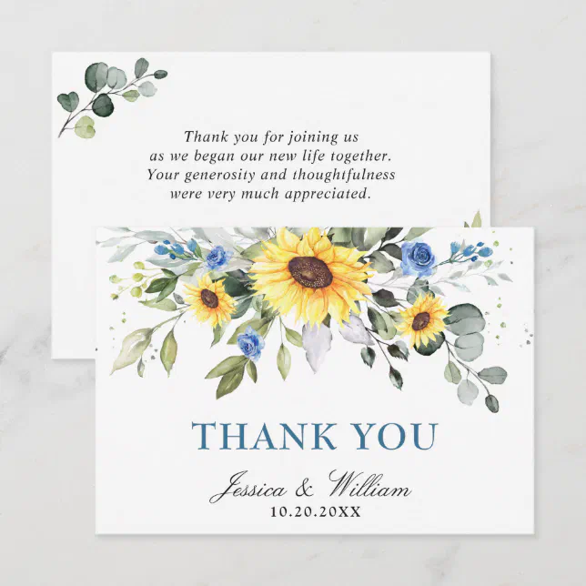 Elegant Sunflowers Eucalyptus Greenery Watercolor Thank You Card | Zazzle