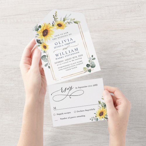 Elegant Sunflowers Eucalyptus Greenery Wedding All In One Invitation