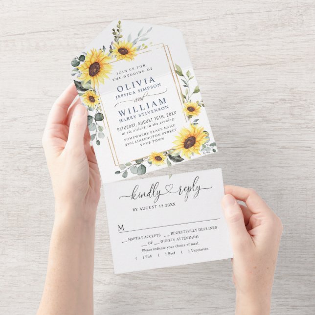 Elegant Sunflowers Eucalyptus Greenery Wedding All In One Invitation (Tearaway)