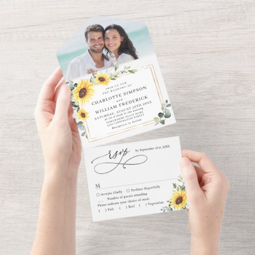 Elegant Sunflowers Eucalyptus Greenery Wedding All In One Invitation