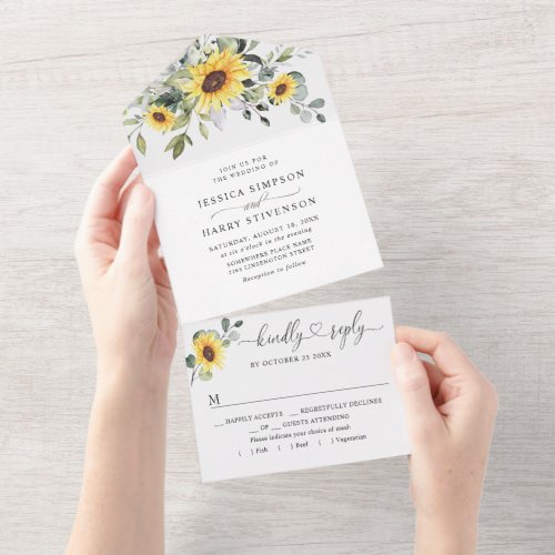 Elegant Sunflowers Eucalyptus Greenery Wedding All In One Invitation